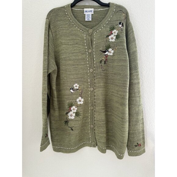 Blair Sweaters - Vtg Blair Knit‎ Cardigan Sweater XL Embroidery Birds Flowers 80s Easter Granny